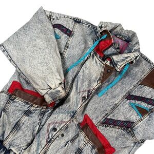 VTG 90s Denim Aztec Pattern Fleece Lined Jean Jacket Rainbow West Southwestern M